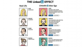 Cartoon depicting the 'LinkedIn effect' - the tendency to embellish achievements or position for online social benefit