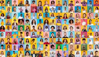 Multicoloured headshots of a wide range of different people