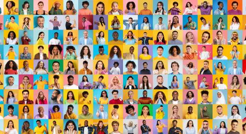 Multicoloured headshots of a wide range of different people