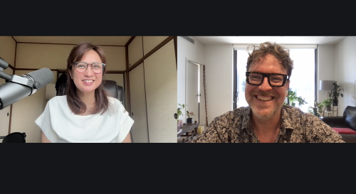 a women and man smiling on a split screen