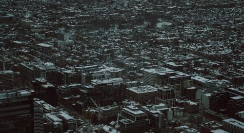 arial shot of a city after war